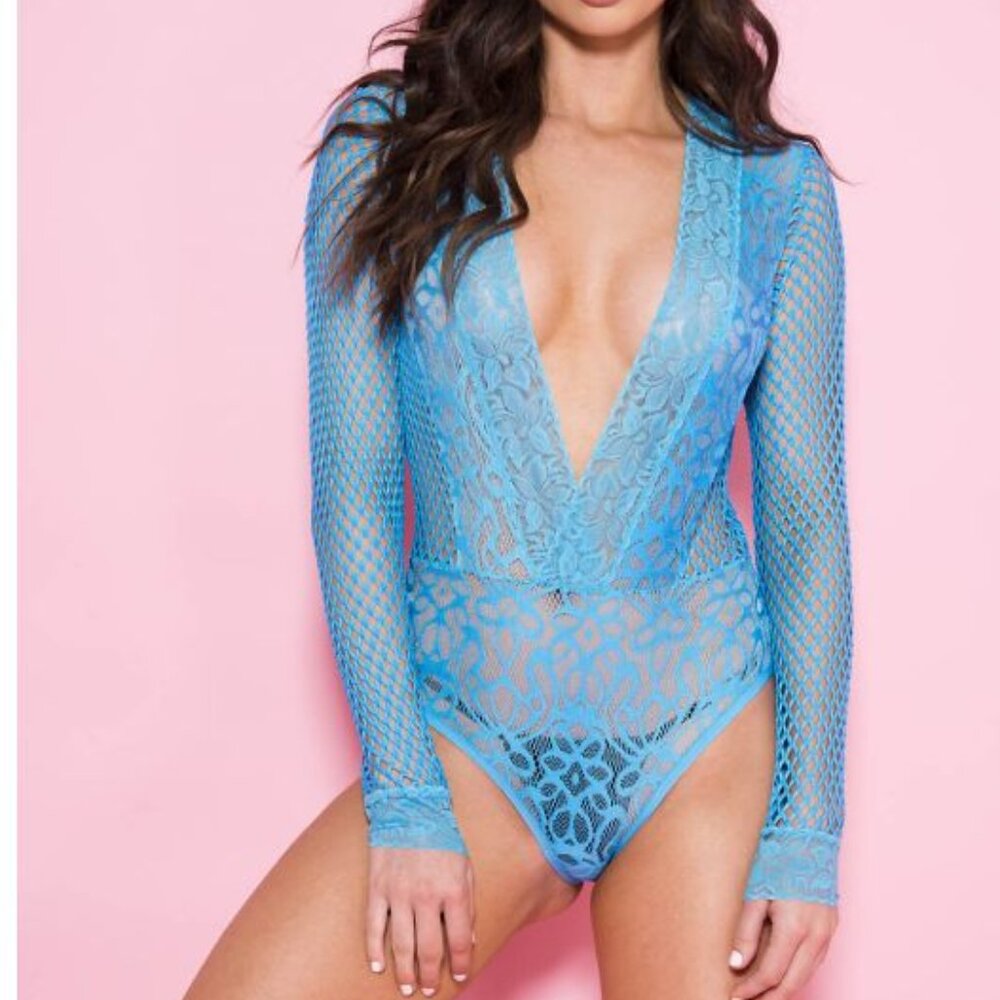Flower Lace Teddy With Long Fishnet Sleeves And Fishnet Back